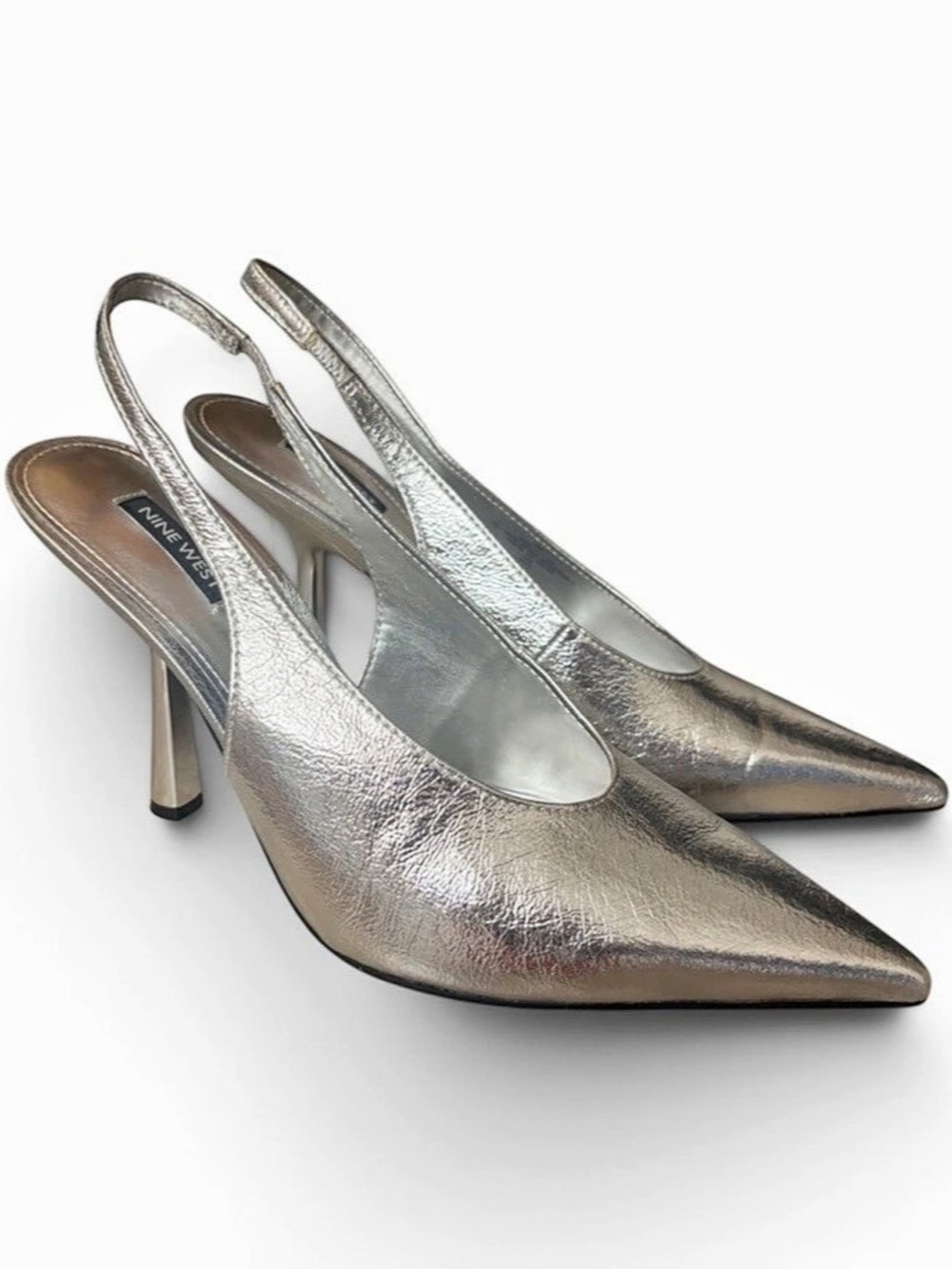Nine West Kates Slingback Pumps Pointed Toe Silver crinkle size 10